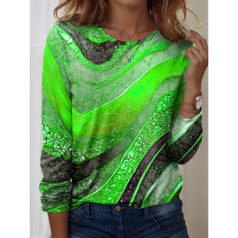 Women's T shirt Long Sleeve Crew Neck Long Sleeve Tunic Ombre Graphic Texture Vintage Stylish Modern Round Neck Regular Tops Daily Print Blue Purple Orange Green Fall Prefall4