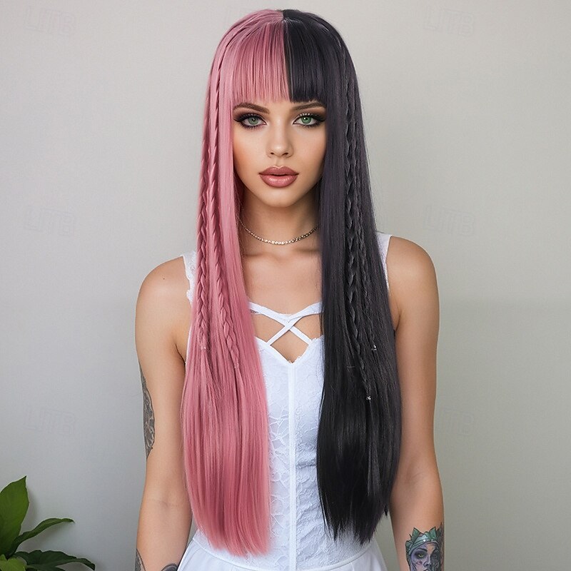 Pink and Black Long Straight Wig for Women – Full Head Cap, Realistic Model Wig, Perfect for Halloween Cosplay, Fashion, and Daily Wear4