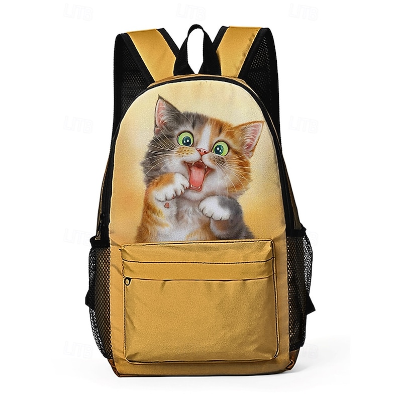 Kids Cartoon Cat Print Backpack by Kayomi Harai- Lightweight School Bag with Large Capacity and Side Pockets for Boys and Girls, Suitable for Primary School and Daily Use Yellow Pink Red2