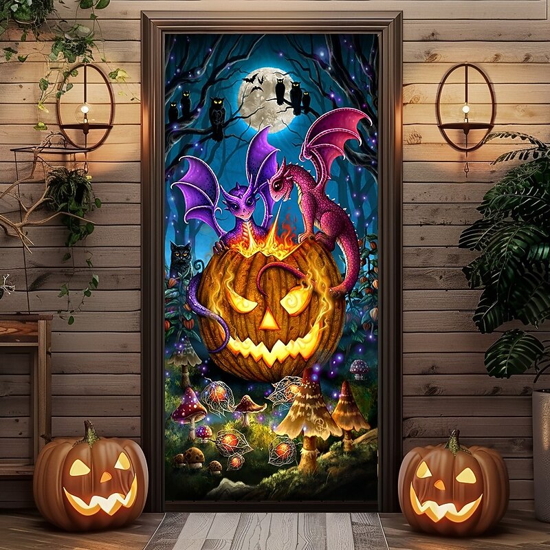 Halloween Door Covers The glowing Pumpkin by Sarah Richter Door Tapestry Door Curtain Decoration Backdrop Door Banner for Front Door Farmhouse Holiday Party Indoor Outdoor Decor Supplies3