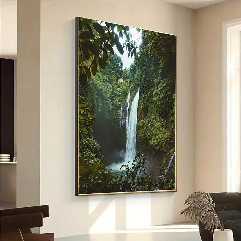 1 Frameless Canvas Art Print - Lush Forest Waterfall Scene With Mediterranean House - Modern Wall Decoration In Living Room Bedroom Dining Area - Vibrant Natural Inspiration Poster Large Canvas Wal