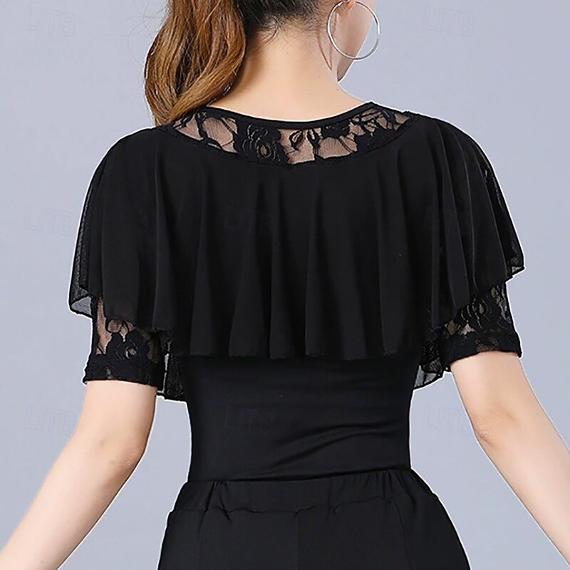 Latin Dance Top Lace Pure Color Splicing Women's Performance Training Short Sleeve High Polyester4