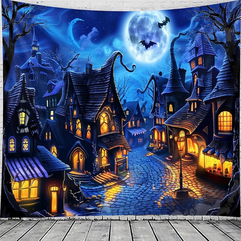 Halloween Town Wall Tapestry – Spooky Night Village with Moon, Bats and Haunted Houses, Blue Gothic Wall Hanging for 2025 Halloween Party, Bedroom, Living Room Decoration2