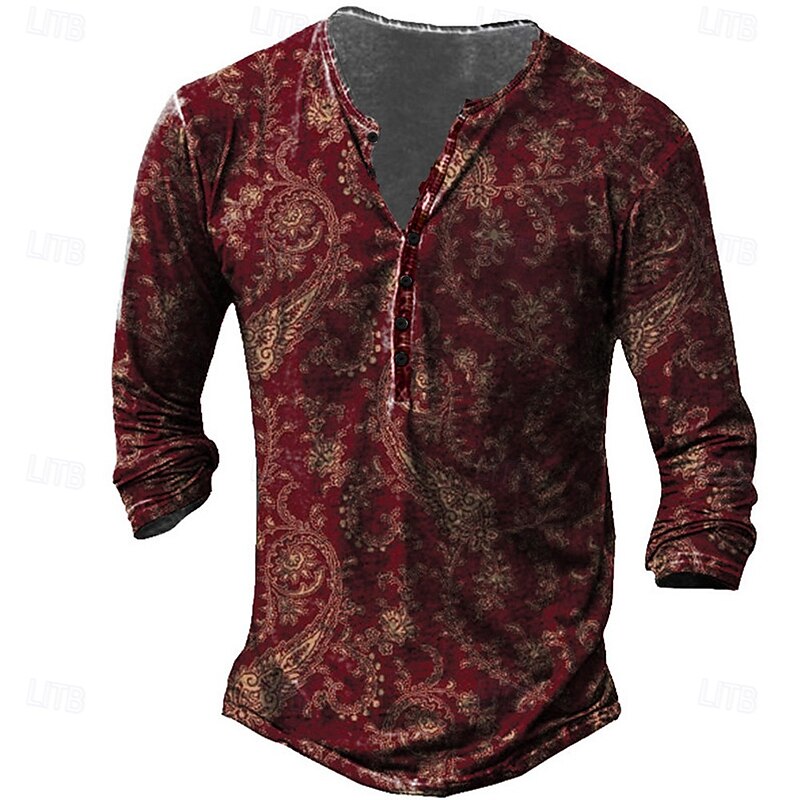 Men's Floral T Shirt Henley Shirt Graphic Tee Long Sleeve 3D Print Vintage Designer Basic Outdoor Daily Sports Spring & Summer Red Henley Henley T-Shirt