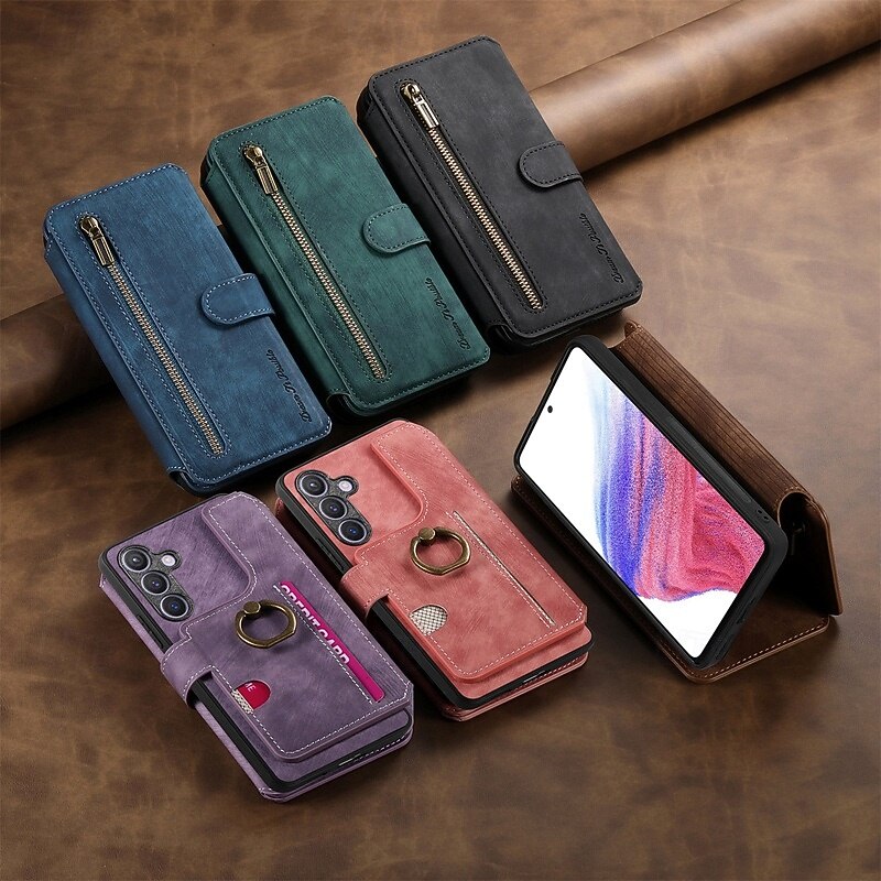 Phone Case For Samsung Galaxy S25 S25 Edge S24 S23 Ultra Plus S22 Plus  Ultra A55 5G A35 5G A25 A15 A14 Wallet Case Zipper Kickstand Card Slot Retro TPU PU Leather4