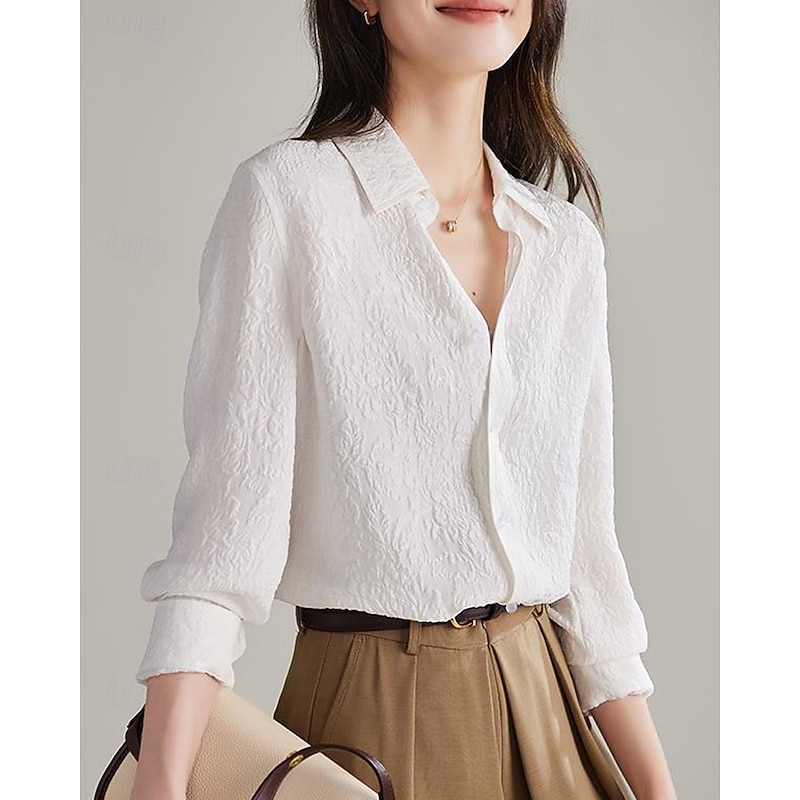Women's Shirt Texture Blouse Blouse Plain Modern Casual Long Sleeve Shirt Collar Regular Tops Daily Holiday Buttons White Fall