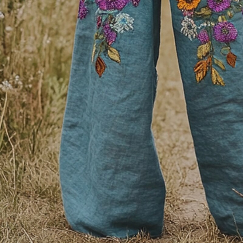 Women's Wide Leg Pants Trousers Palazzo Pants Vintage Boho Full Length High Waist Flower Elastic Waist Printing Breathability Comfortable Street Daily Wear Going out Blue Spring Fall Regular Fit3