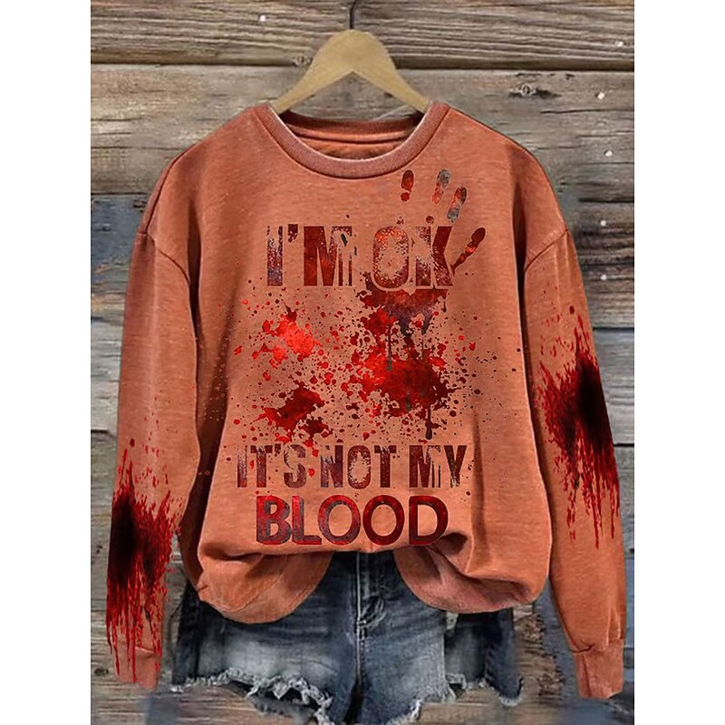 Halloween Women's Sweatshirts Bloodstain Graphic Letter Casual Long Sleeve Crew Neck Regular Tops Street Dailywear Casual Print White Pink Orange Gray Spring Fall Winter4