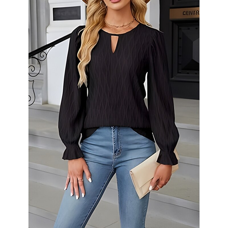 Women's Blouse Solid Color Elegant Stylish Basic Long Sleeve Crew Neck Regular Tops Daily Black White Blue Khaki Summer Spring2