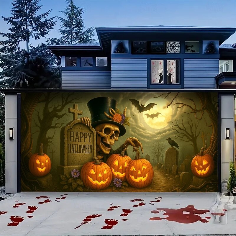 Halloween Garage Door Cover Outdoor Pumpkin and Snowman Banner, Large Tapestry Backdrop Decoration for Holiday Outdoor Garage Door and Home Wall, 2025 Halloween Decorations3