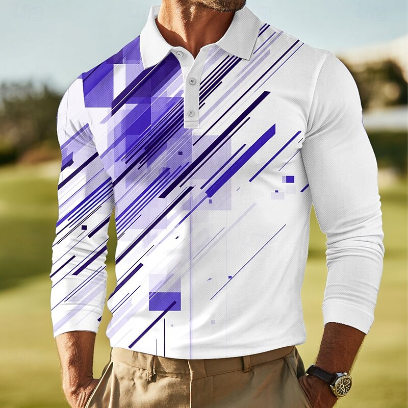 Men's Geometric Abstract Polo Long Sleeve Polo Shirts Lapel Casual Outdoor Street Athleisure Daily Wear 3D Print Buttons Spring Fall Winter Red Blue Green3