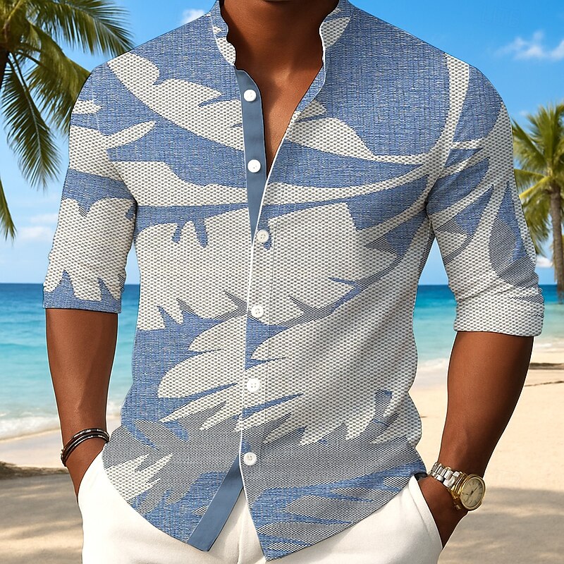 Men's Plants Palm Leaf Shirt Button Up Shirt Stand Collar Shirt Long Sleeve Casual Outdoor Vacation Daily Spring Fall Mandarin Collar Band Collar 3D Print Linen Like Shirt Pink Blue Green2