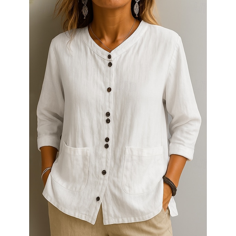 Women's Cotton Linen Shirts Solid Color Basic Casual 3/4 Length Sleeve Crew Neck Regular Tops Daily Pocket Buttons White Wine Green Khaki Summer Spring Fall