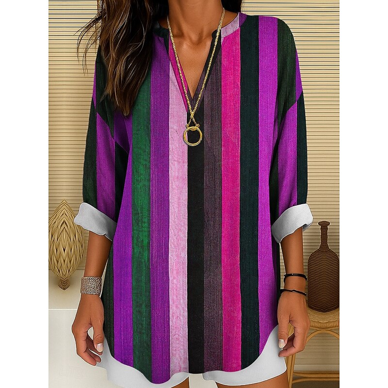 Women's Shirt Cotton Linen Shirt Blouse Graphic Geometric Striped Daily Hawaiian Business Long Sleeve V Neck Regular Tops Work Daily Holiday Buttons Print Yellow Red Blue Purple Green Summer Spring4