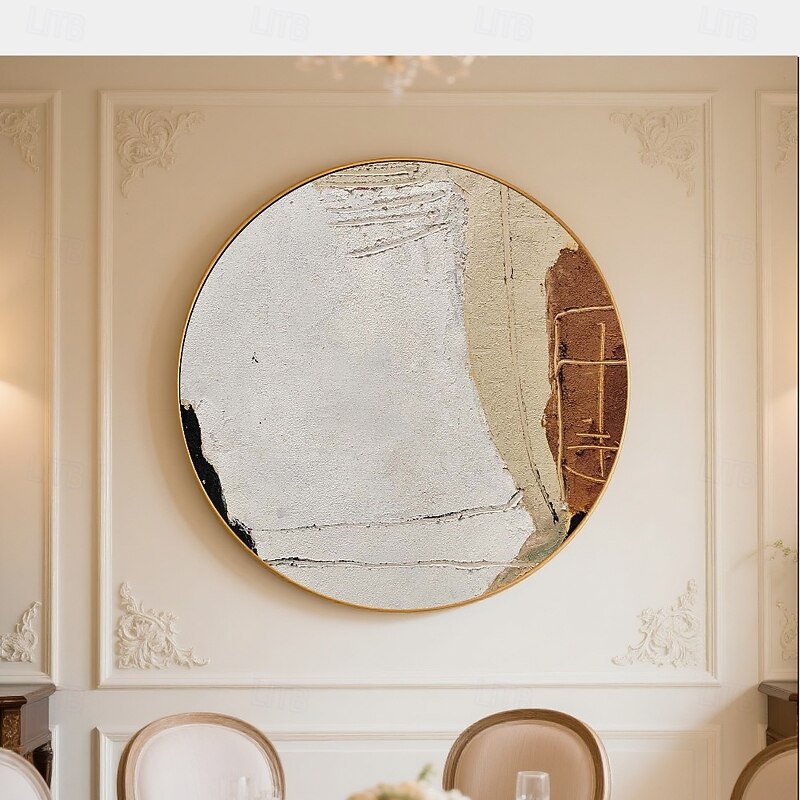 Handmade Circular Oil Painting Abstract Textured Pattern Surface With Geometric Details Modern Wall Art In Calming Ivory Beige Espresso Palette Ready To Hang Artisan Crafted Stretched painting2