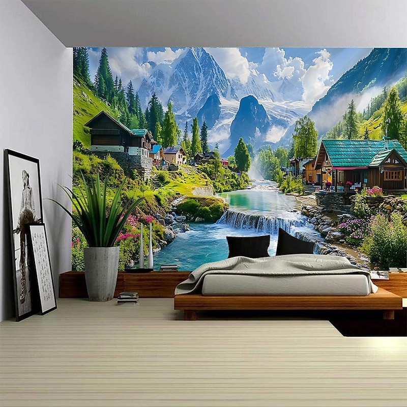 Nature Wall Tapestry Art Decor Blanket Curtain Picnic Tablecloth Hanging Home Bedroom Living Room Dorm Decoration Forest Landscape Sunshine Through River4