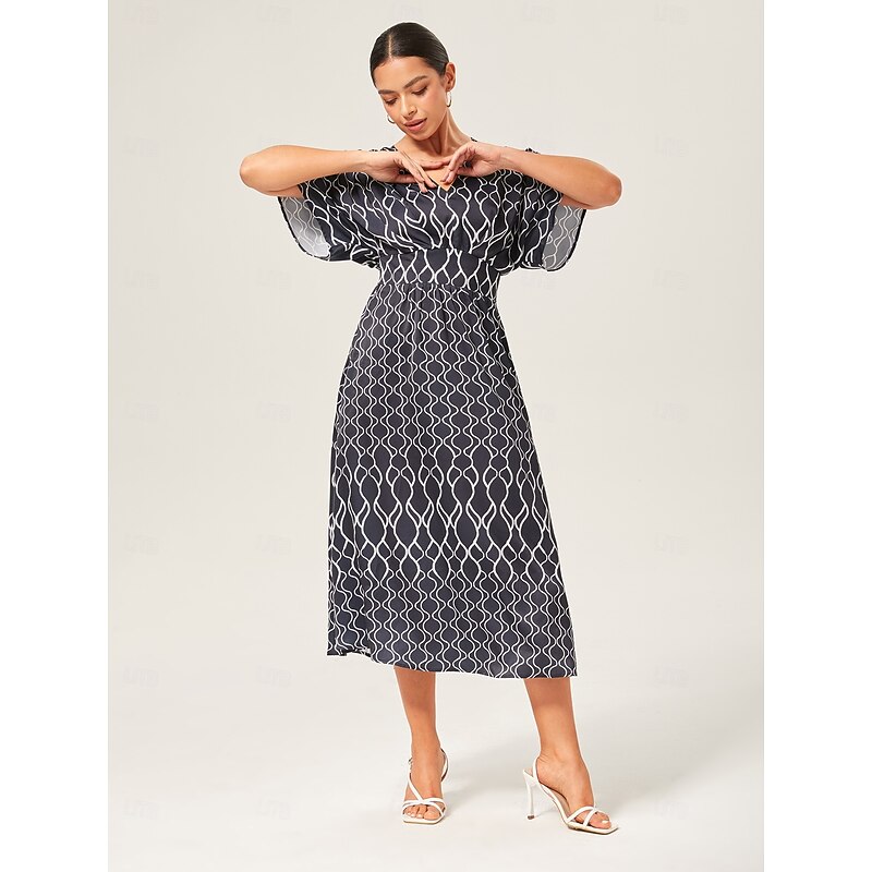 Geometric Print V-Neck Cinched Maxi Dress
