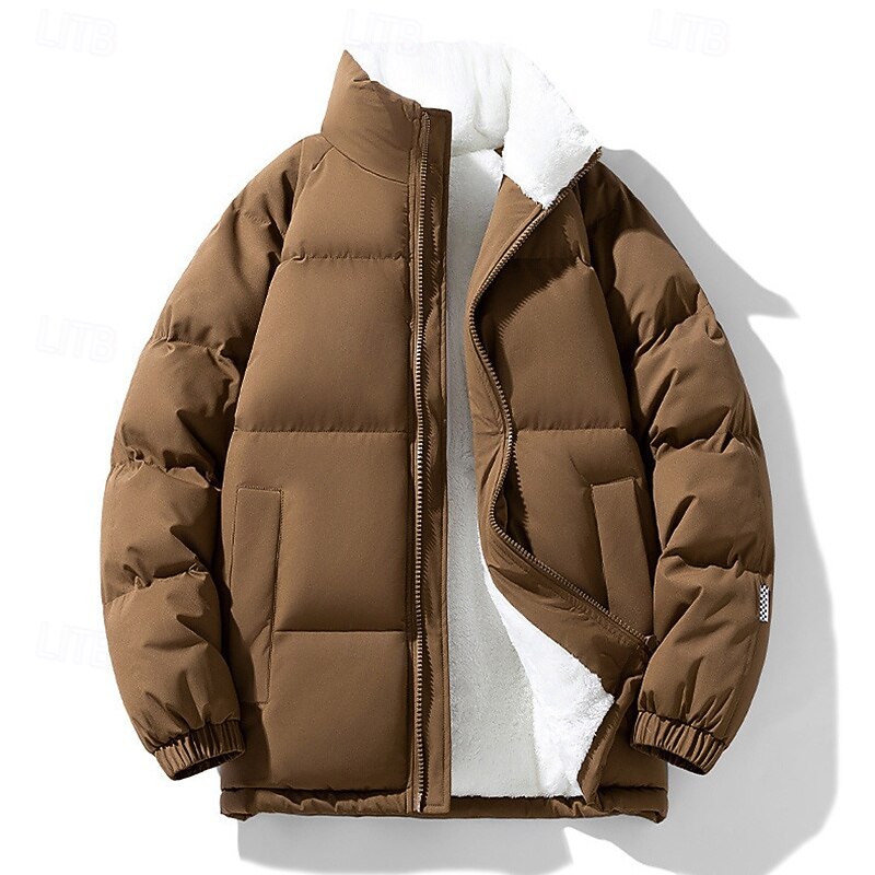Men's Fleece Jacket Puffer Jacket Winter Jacket Winter Outdoor Patchwork Thermal Warm Top Dark Grey Black White Coffee