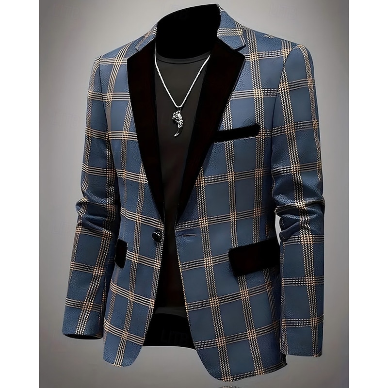 Men's Blazer Business Cocktail Party Wedding Party Fashion Casual Spring Fall Polyester Plaid Pocket Buttons Comfortable Single Breasted Blazer Black Blue Brown4
