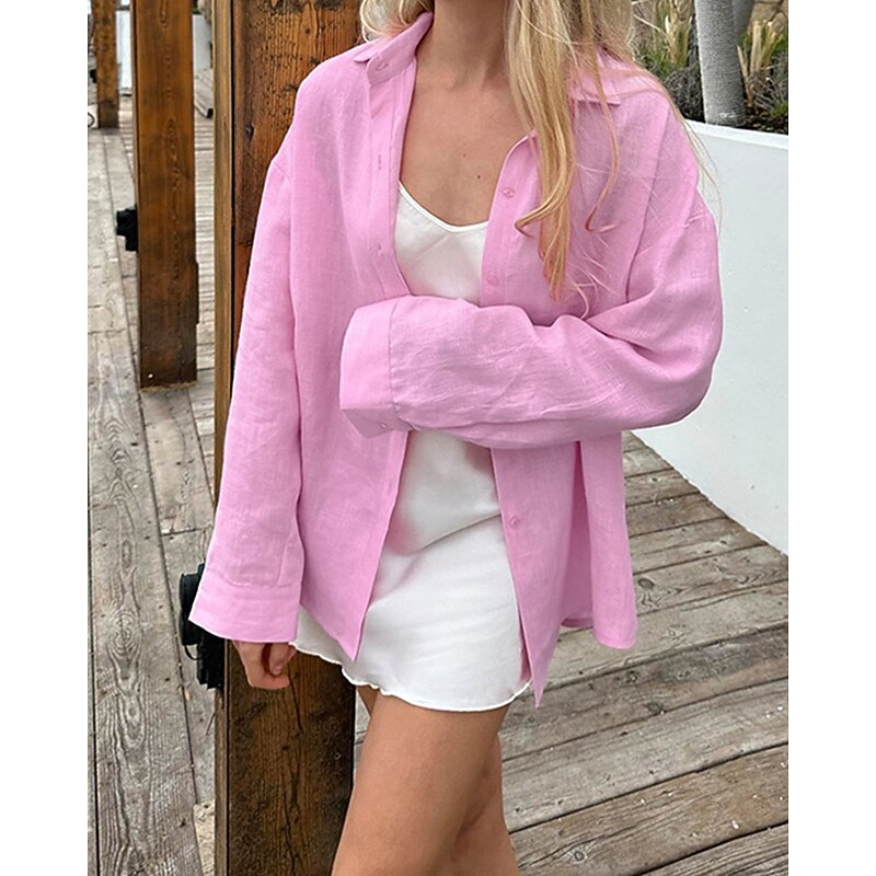 Women's Shirt Cotton Linen Shirts Plain Daily Stylish Basic Long Sleeve Shirt Collar Regular Tops Work Daily Holiday Buttons White Pink Blue Summer Spring
