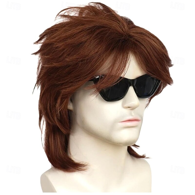 Brown 70s 80s Male Wig Mens Brown Fluffy Mullet Punk Rocker Wig California Heat Resistant Synthetic Hair for Halloween Party Cosplay Costume3