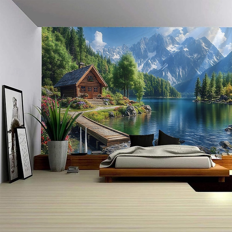 Nature Wall Tapestry Art Decor Blanket Curtain Picnic Tablecloth Hanging Home Bedroom Living Room Dorm Decoration Forest Landscape Sunshine Through River