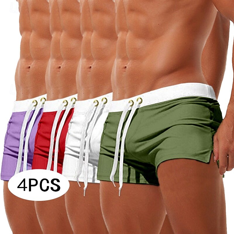 4pcs Men's Swim Trunks Swim Shorts Board Shorts Beach Shorts Elastic Waist Drawstring Zipper Pocket Solid Color Quick Dry Breathable Knee Length Casual Daily Beach Vacation Fashion Bue Black Orange - Main Image