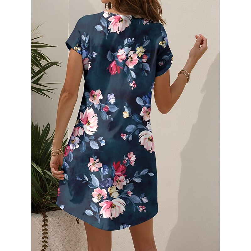 Women's Mini Dress Casual Dress T Shirt Dress Tee Dress Sundress A Line Dress Vacation Casual Boho Beach Regular Fit Floral Graphic Short Sleeve V Neck Red Blue Purple Brown Summer Spring2