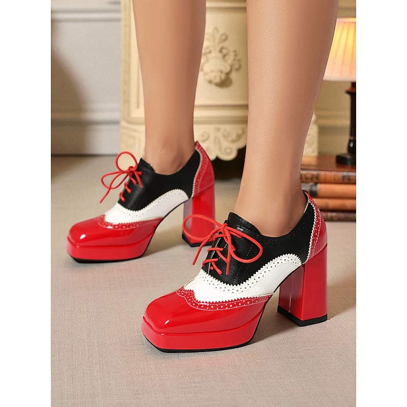 Women's Colorblock Oxford Platform Heels – Retro Patent Leather Lace-Up Brogue Shoes for Statement Looks and Costumes