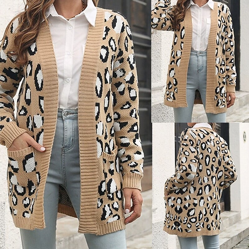 Women's Cardigan Casual Leopard Chunky V Neck Knitted Long Sleeve Long Tops Knit Daily Holiday Going out Brown Fall Winter - Main Image