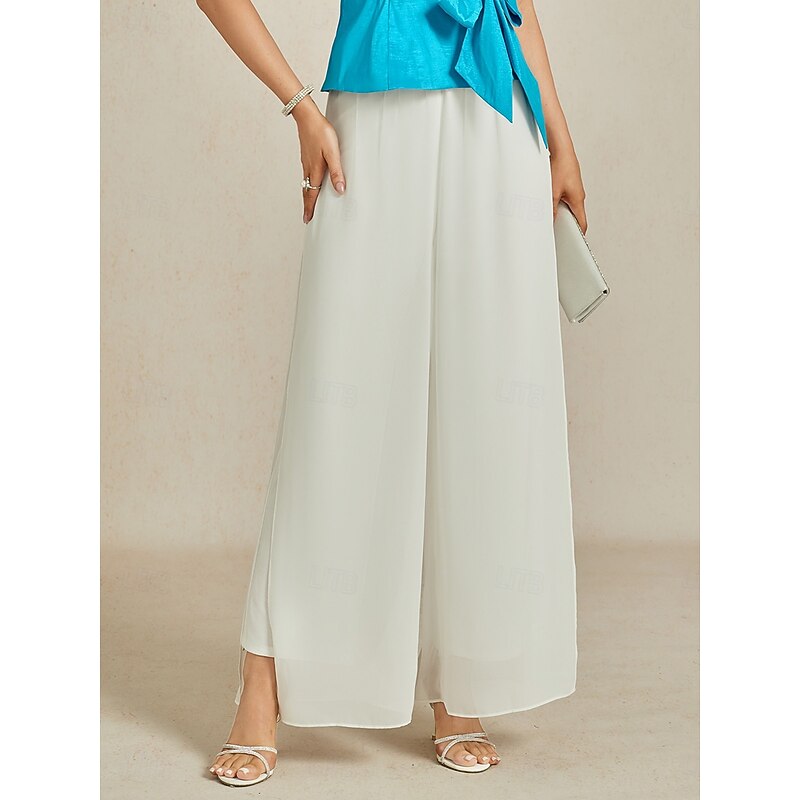 Women's Culottes Wide Leg Straight-Leg Trousers Elegant Stylish Classic Style Full Length Medium Waist Solid Color Elastic Waist Stretchy Wedding Vacation Party White Spring, Fall, Winter, Summer4