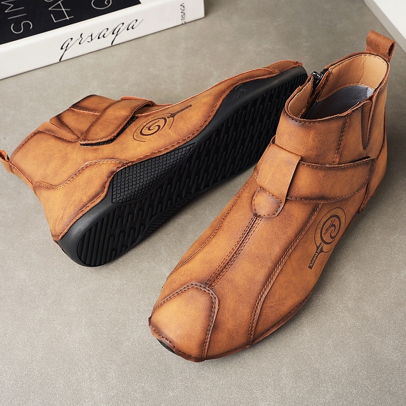 Men's Handmade Retro Ankle Boots with Velcro Strap – Artistic Casual Walking Boots for Creative Men and Everyday Urban Outfits3