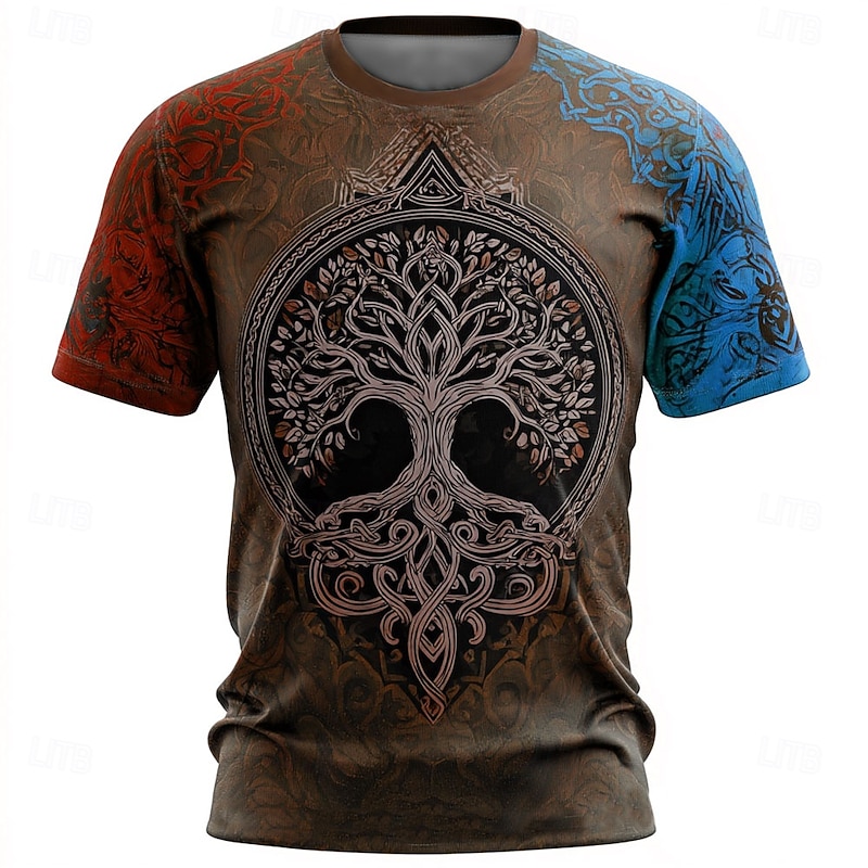 Men's 3D Celtics Tree Of Life T Shirt Short Sleeve T shirt 3D Print Crew Neck Shirt Viking Designer Party Street Casual Yellow Blue Brown Summer Spring Clothing Apparel S M L XL XXL XXXL2