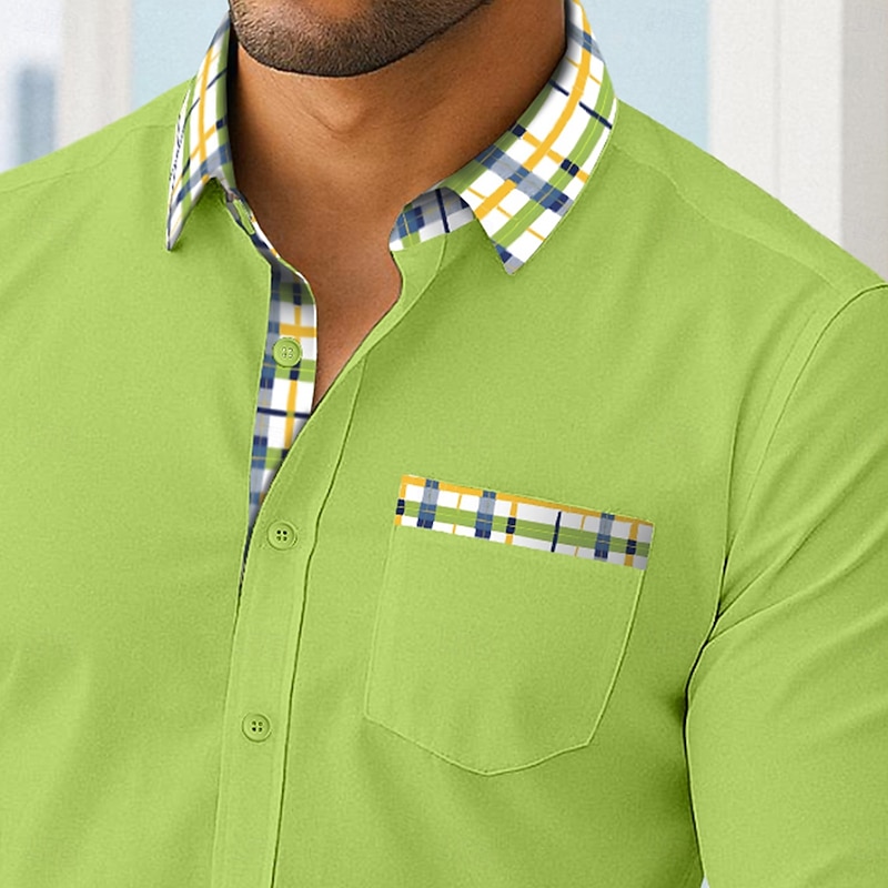 Men's Shirt Summer Shirt Casual Shirt Button Up Shirt Color Block Vacation Business White Yellow Navy Blue Green Long Sleeve Collar Spring &  Fall All Seasons Clothing Apparel Front Pocket2