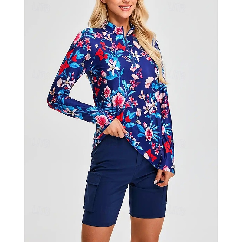Women's Golf Polo Shirt Tennis Shirt Long Sleeve Print Quarter Zip Pullover UV Protection Elastic Breathable Tennis Golf Pickleball Zip Collar Shirt Polo Dark Blue Tennis Clothing4