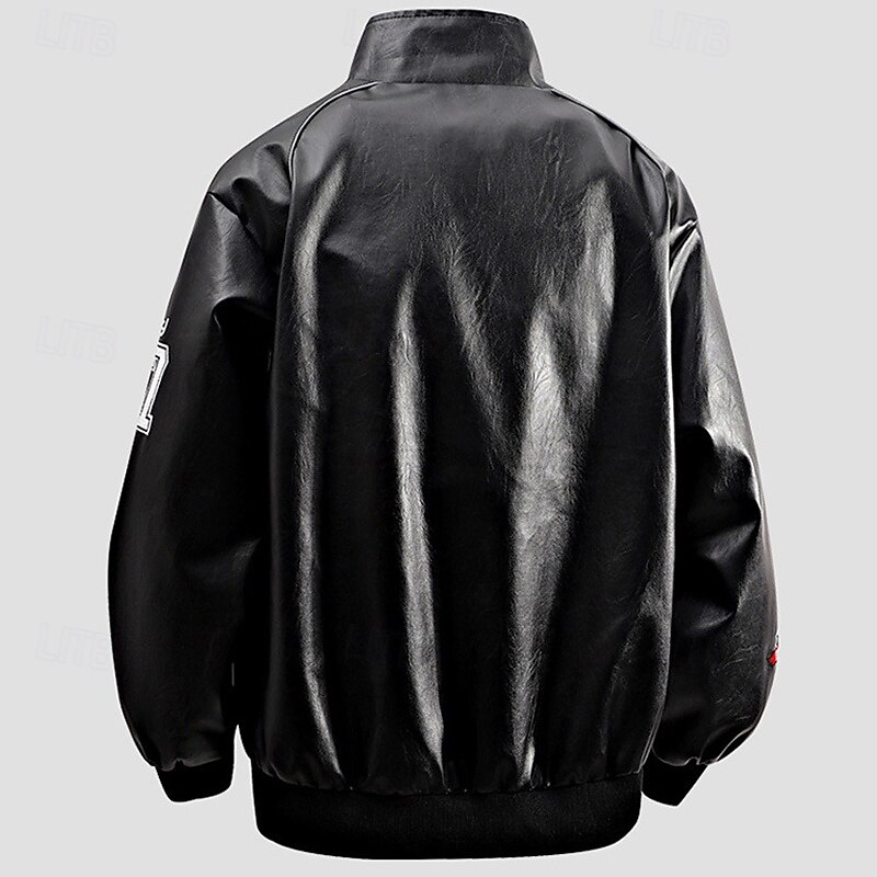 Men's Faux Leather Jacket Biker Jacket Motorcycle Jacket Vacation Daily Windproof Warm Pocket Fall Winter Letter Fashion Classic Lapel Regular Black White Red Jacket2