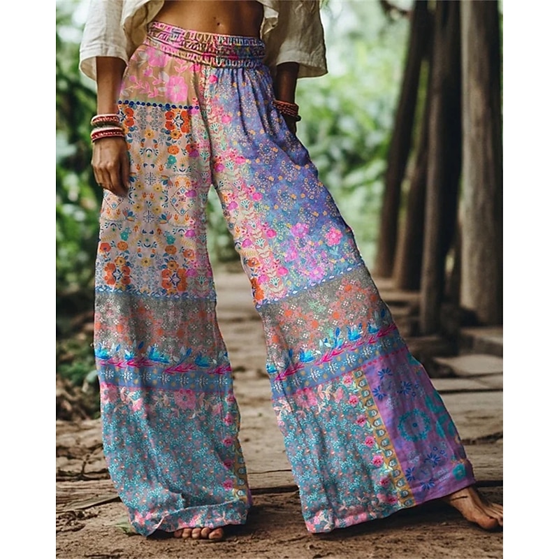 Women's Wide Leg Pants Trousers Palazzo Pants Fashion Boho Full Length High Waist Flower Elastic Waist Print Breathability Comfortable Street Daily Wear Going out Blue Orange Green Spring Fall
