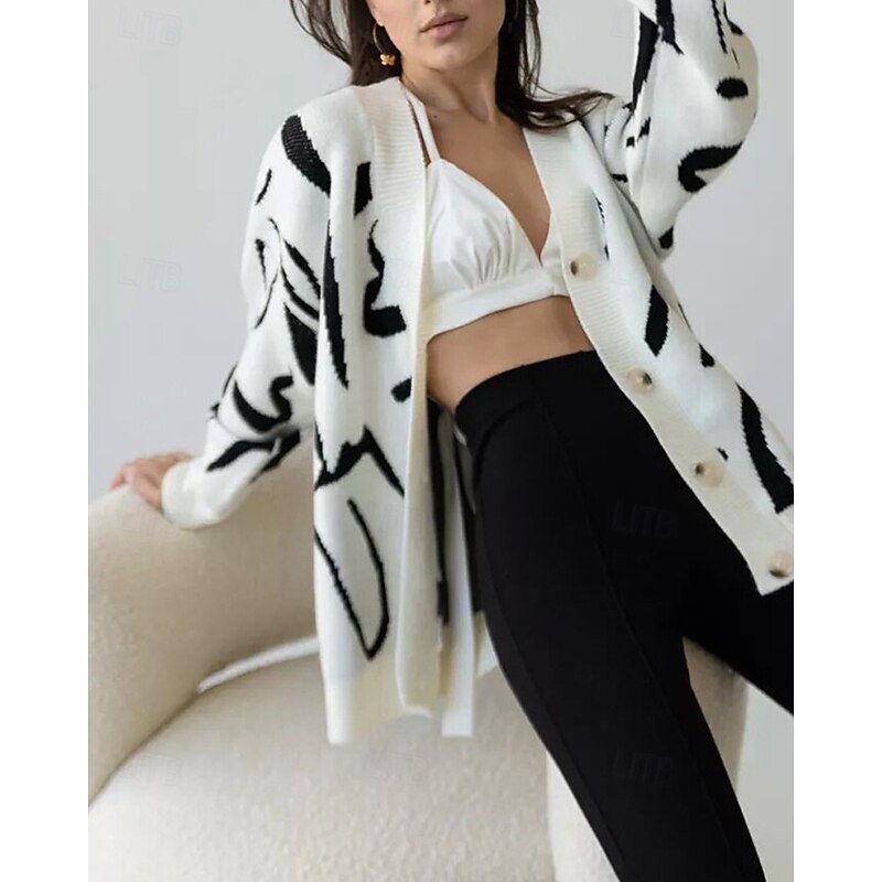 Women's Sweater Cardigan Fashion Streetwear Daily Print Ribbed V Neck Knitted Long Sleeve Regular Tops Knit Holiday Going out Weekend Black Apricot Fall Winter2