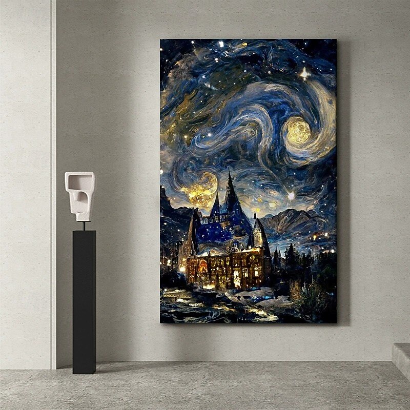 Handmade Oil Painting Canvas Wall Decoration Abstract Starry Sky Castle Landscape for Home Decor Stretched Frame Hanging Painting/Rolled Frameless Unstretched Painting2