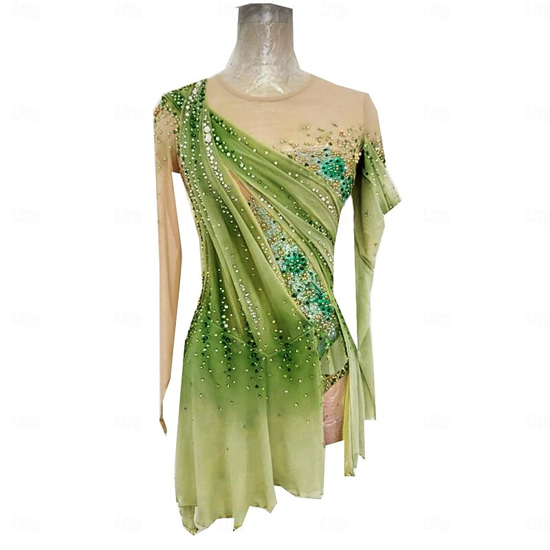 Figure Skating Dress Women's Ice Skating Skirt Dress Green+Yellow Thumbhole Open Back Spandex High Elasticity Professional Competition Skating Wear Thermal Warm Classic Crystal / Rhinestone Long3