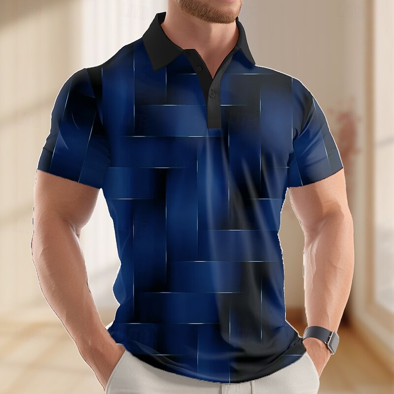 Men's Geometric Abstract Polo Short Sleeve Polo Shirts Lapel Business Casual Business Athleisure Daily Wear 3D Print Buttons Summer Black Dark Blue Dark Purple2