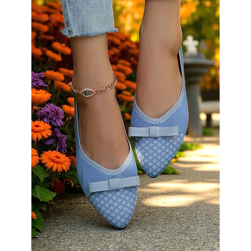 Women's Light Blue Flyknit Pointed Toe Flats with Bow - Breathable Casual Ballet Shoes for Ladies and Teens, Ideal for Spring, Garden Walks, and Daily Wear3