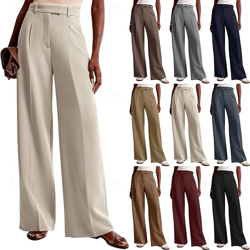 Women's Wide Leg Slacks Streetwear Casual Full Length Natural Plain Elastic Waist Comfy Street Holiday Daily Wear Ash Dark-Gray Dark red Apricot Fall Regular Fit
