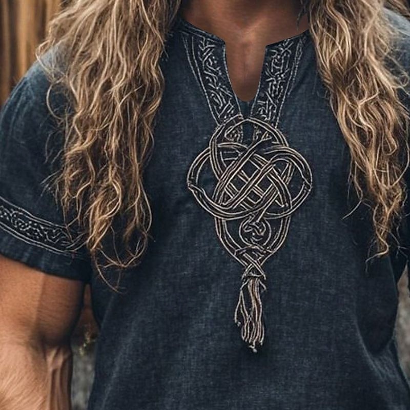 Men's Shirt Casual Shirt Viking Vacation Hawaiian Dark Blue Short Sleeve V Neck Summer Spring Clothing Apparel Ethnic2