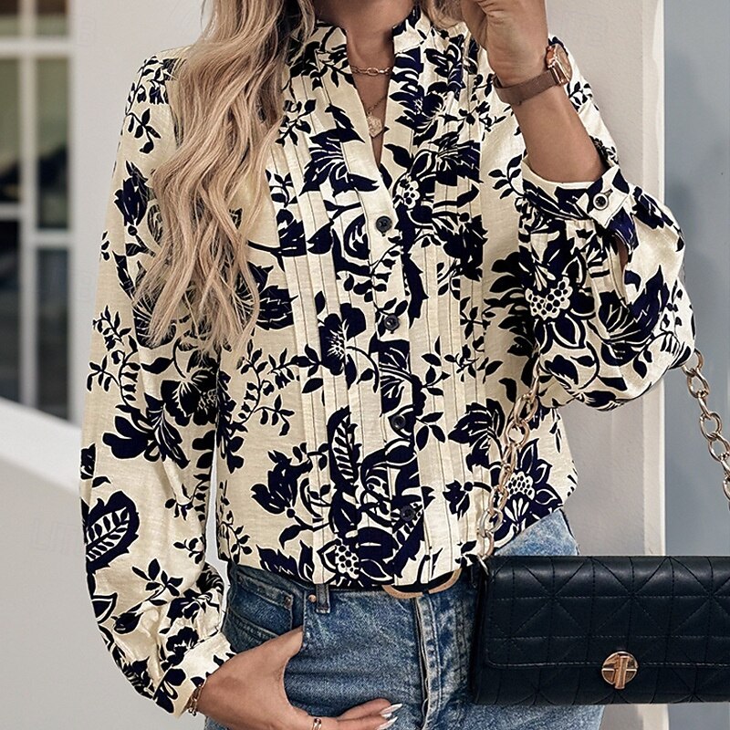 Women's Shirt Flower Daily Stylish Basic Long Sleeve High Neck Regular Tops Work Daily Holiday Buttons Navy Blue Spring Fall4