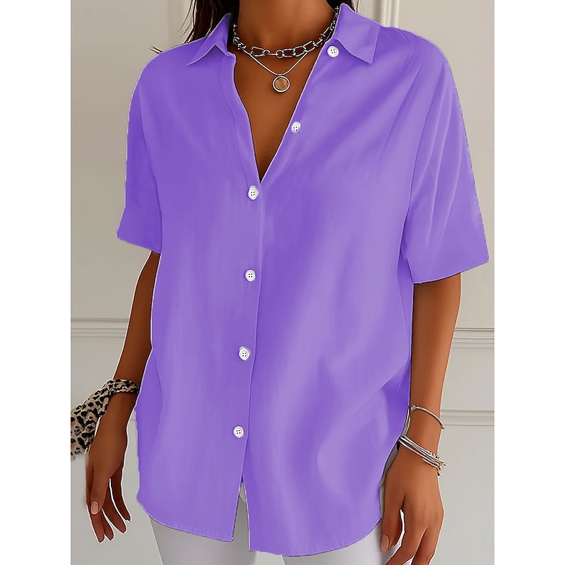 Women's Blouse V Neck Solid Color Bohemia Vintage Tropical Short Sleeve Shirt Collar Regular Tops Daily Holiday Vacation Wear White Pink Blue Purple Orange Summer Spring