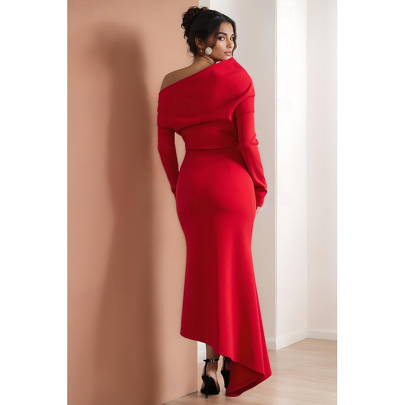 Cape Dress Mermaid / Trumpet Cocktail Dresses Elegant Dress Formal Wedding Asymmetrical Hem Gathered Long Sleeve Off Shoulder Stretch Crepe with Ruched Details3