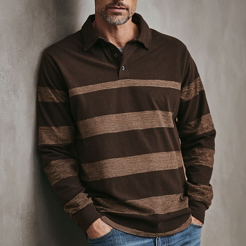 Men's Horizontal Stripes Rugby Polo Long Sleeve Polo Shirts Collared Shirts Sportswear Casual School Outdoor Athleisure 3D Print Buttons Spring Fall Winter Red Blue Brown3