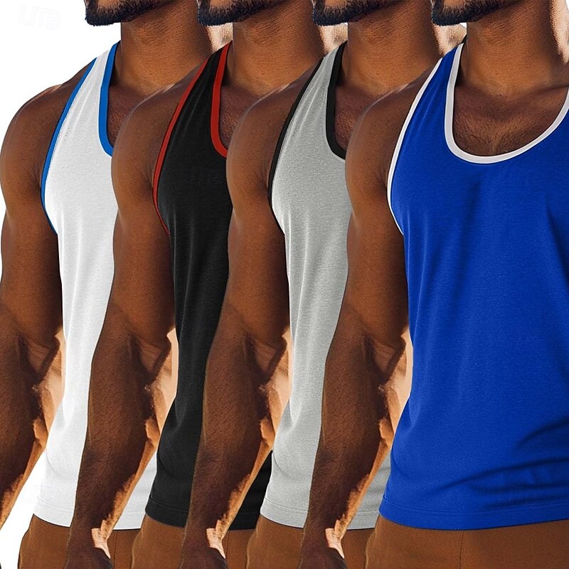 4 Pieces Men's Tank Top Vest Undershirt Sleeveless Shirt Sleeveless U Neck Scoop Neck Summer Solid Color Color Block Plain Fashion Sporty Classic Color Block Street Casual Sports Royal Blue Top2