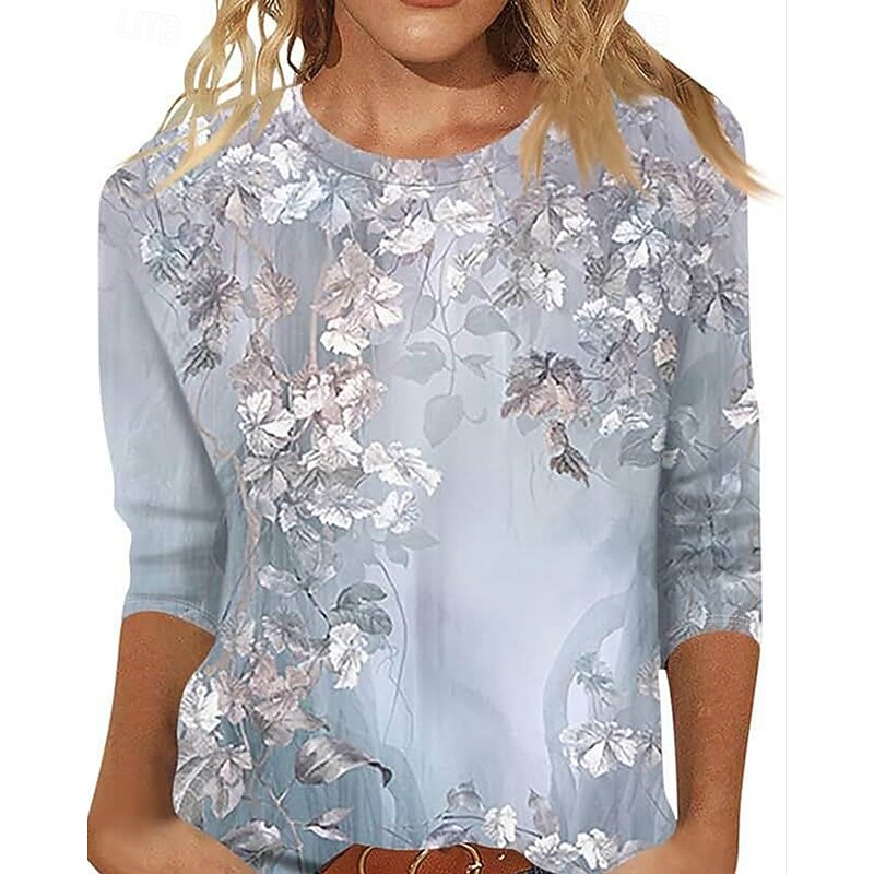 Women's T Shirt Floral Fashion Modern Long Sleeve Crew Neck Regular Tops Daily Blue Purple Gray Summer2